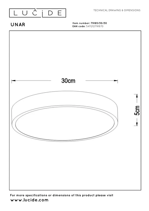 Lucide UNAR - Plafonnière - Ø 30 cm - LED 3 StepDim - 1x18W 2700K - Zwart - technisch